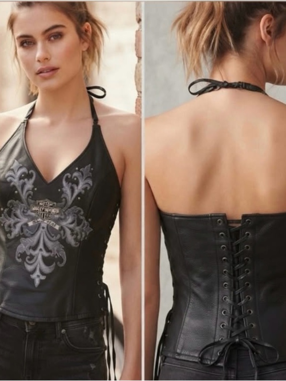 Vintage Harley-Davidson Black Leather Halter Corset studded top Gray Graphic